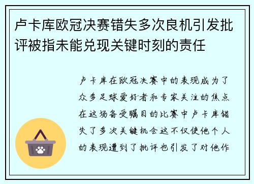 卢卡库欧冠决赛错失多次良机引发批评被指未能兑现关键时刻的责任